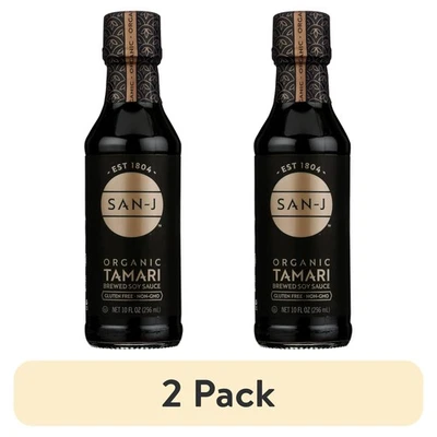 2 pack San J Tamari Soy Sauce Organic 10 Fl oz, in a Glass Bottle.