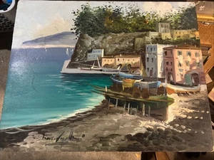 Dipinto Olio Originale Su Masonite Italia (Costa d'Amalfi) 16" X 20" illeggibile - Foto 1 di 13