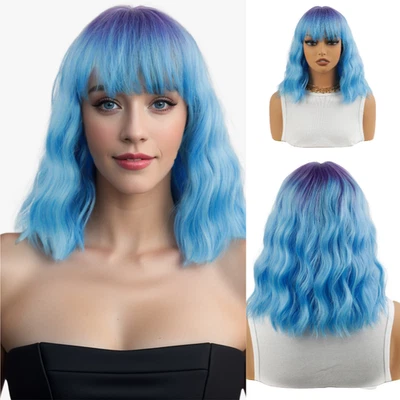 Blue Ombre Wig with Bangs for Women Short Bob Curly Wavy Wig for Cosplay Costume - Image 1 of 4