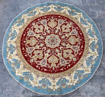 5x5 Red Blue Round Durable Circle Rug Oriental Handspun Wool Medallion Carpet - Image 1 of 4