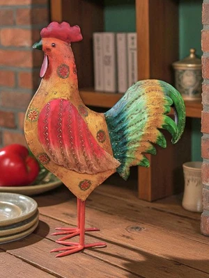 Estatua de gallo de pollo rústica de metal pintada floral amarilla estilo arte popular de 19,5" Foto 1 de 4