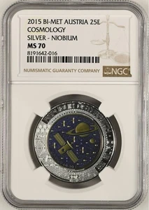 Austria 2015 Cosmology 25 Euro Silver+Niobium Bi-metallic Coin NGC MS70 - Picture 1 of 2