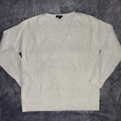 Suéter para mujer Inc Intl Concepts talla L blanco lavado/plateado lentejuelas cuello en V Foto 1 de 4