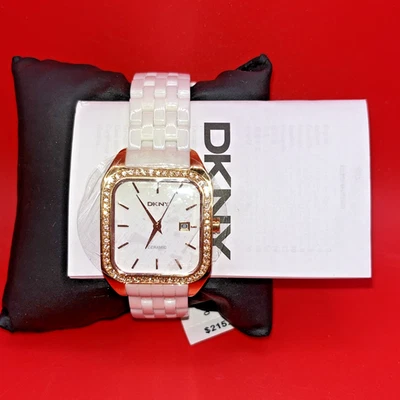 DKNY White Ceramic Rose Gold Tone Link Bracelet Band Watch NY8536 NEW $215 SRP - Image 1 of 4