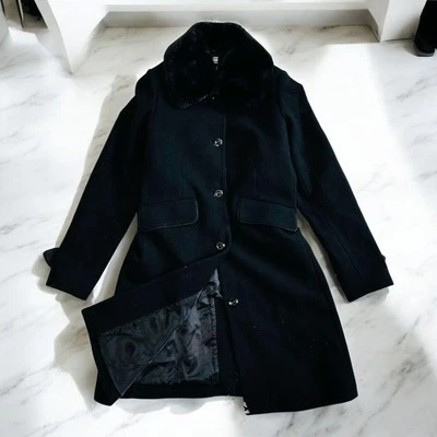 G-Star RAW Women's Long Coat Black Wool Removable Fur Collar Size S Used - Image 1 of 4