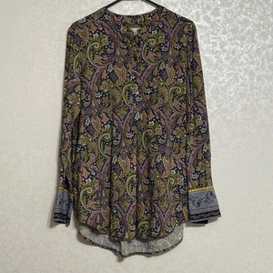 Blusa túnica Top Loft Paisley estampado multicolor Henley abotonada manga larga M - Imagen 1 de 6