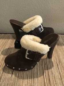 Michael Kors Mule Shoe Brown Leather Platform Heel Faux Fur Trim Stud Women 7.5M - Picture 1 of 18