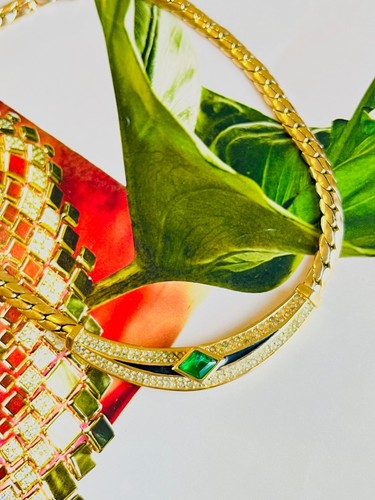 Collana Christian Dior vintage anni 80 verde smeraldo Gripoix cristalli neri oro