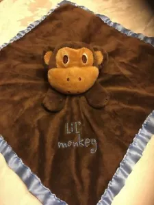 Lil Monkey Security Blanket Baby Essentials Brown Blue Satin Lovey Rattle - Picture 1 of 5