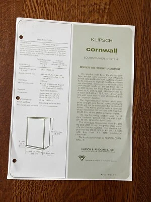 Original Klipsch Cornwall  Speaker Brochure / Reference Sheet - 1976 - Image 1 of 4