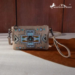 Montana West Concho Collection Purse Western Aztec Crossbody Bag Wristlet Khaki - Picture 1 of 8