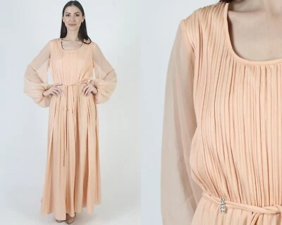 复古 70 年代桃色希腊女神连衣裙透明雪纺 Puff Slv 皮带迪斯科礼服 — 第 1/4 张图片