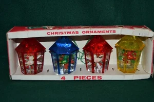 Vntg Christmas ~ Set of 4 Jewel Brite Bird in Birdcage hexagon Diorama Ornaments - Picture 1 of 16