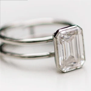 2.15 CT Emerald Cut Moissanite Bezel Set Engagement Ring 14K White Gold Plated - Picture 1 of 11