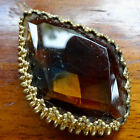 Vintage Modernist Amber Glass Ornate Gold Tone Pendant For Necklace -34