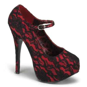 Bordello Teeze-07L Red Satin-Black Lace Overlay Concealed Platform Shoes - Picture 1 of 1