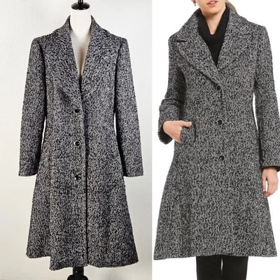 Michael Kors 女式 L 码粗花呢人字形长款大衣黑色/白色 — 第 1/4 张图片