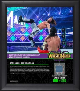 AJ Styles WWE Framed 15x17 WrestleMania 34 Collage w/Piece of MU Canvas - LE 250 - Picture 1 of 1