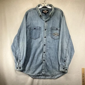 Harley-Davidson Denim Button-Up Long Sleeve Shirt Double Embroidered Logo L - Picture 1 of 24