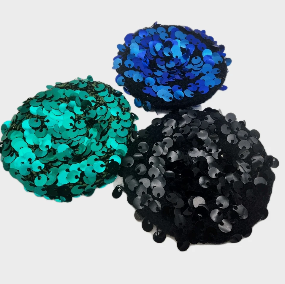 Vintage Knit Beret Hats Sparkly Spangle  Beanie Hat One Size Green Black Blue  - Image 1 of 4
