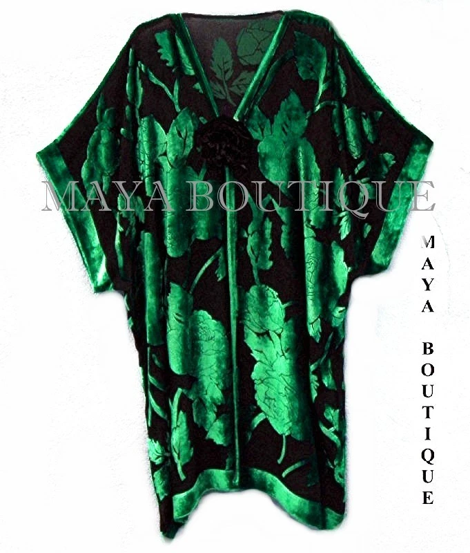 Chaqueta de Terciopelo Seda Burnout Kimono Plumero Verde y Negro Sin Flecos Maya Matazaro  Foto 1 de 1