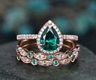 Pear Lab Created Green Emerald Diamond Wedding Trio Set Ring 14K Rose Gold Fn