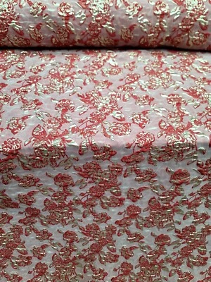 Red Gold Jacquard Brocade Fabric By the Yard Metallic Floral For Dress Prom  - Image 1 of 4