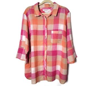 Foxcroft 100% Linen Pink Gingham Short Roll Tab Sleeves Button Up Shirt Plus 22W