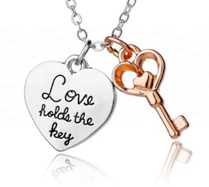 Love Holds The Key Collar Colgante Plata y Oro Novia Novio Corazón - Imagen 1 de 2
