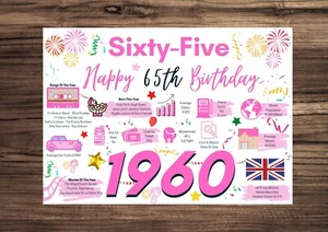65th Happy Birthday Card MUJER MUJER SEÑORA 1958 Recuerdos/Datos del Año de Nacimiento - Imagen 1 de 9