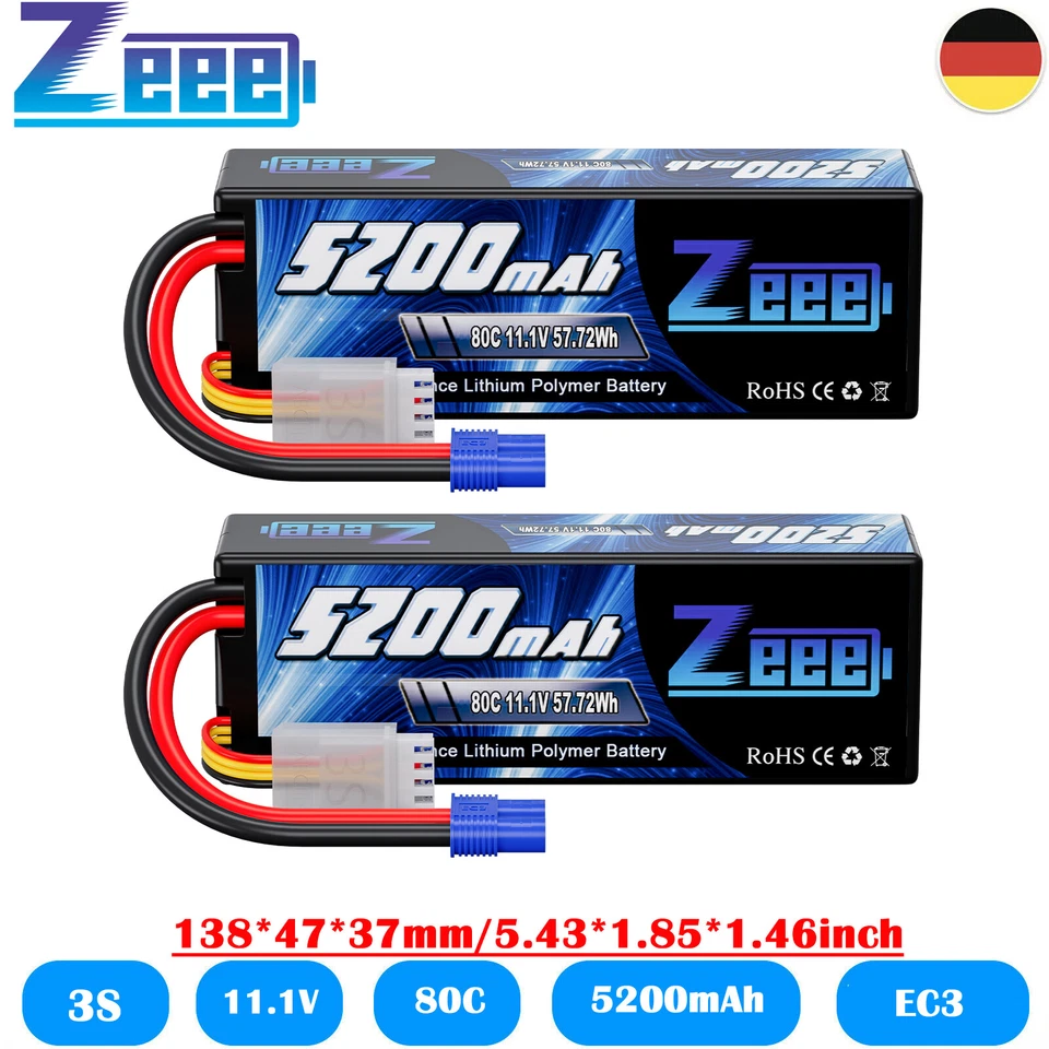 2x Zeee 5200mAh 11 1V 3S LiPo Akku Batterie 80C EC3 für RC Auto Flugzeug Drone