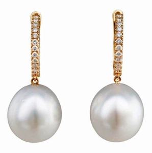 0.60ct Natural Diamond 14k BIS Hallmarked Yellow Gold Pearl Dangler Earrings - Picture 1 of 4
