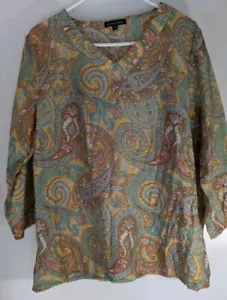 Gordon Smith Top Women's Size 14 Paisley Multicoloured 3/4 Sleeves Side Hem Slit - Picture 1 of 12