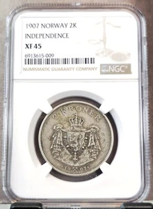 1907 NORWAY SILVER 2 KRONER NORWEGIAN INDEPENDENCE NGC XF 45 SOLID COIN - Picture 1 of 3