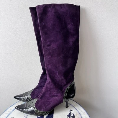 NINE WEST Purple Suede Patent Leather Kitten Heel Knee High Brogue Boots Size 9 - Image 1 of 4