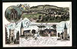 Lithographie Gummersbach, Totalansicht, Haldy-Tempel, Ev. und kath. Kirche, Leb  - Picture 1 of 2
