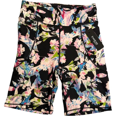 Pantalones cortos de bicicleta Bebe Sport para mujer talla XL negros con estampado floral de neón - NUEVOS $49 Foto 1 de 4