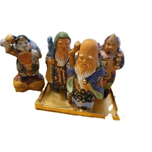 Vintage 4 Japanese Kutani Lucky Gods Moriage Porcelain Figurines Immortals - Picture 1 of 11
