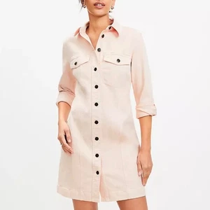 LOFT Powder Pink Button Front Cotton Blend Denim Long Sleeve Shirt Dress Size 12 - Picture 1 of 12