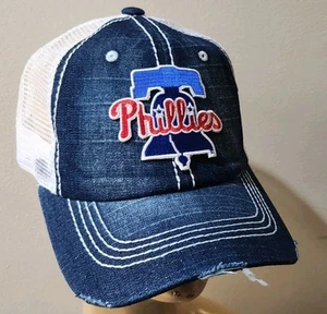 Philadelphia Phillies Trucker Hat Distressed Baseball Cap Blue Jean & White Hat - Picture 1 of 12
