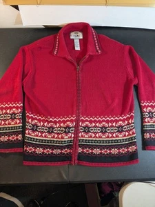 Vtg Tiara International Cardigan Full Zip Christmas Sweater Red Sz M Geometric - Picture 1 of 12