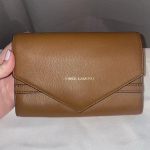 Vince Camuto Ozell Umhängetasche Handtasche braun Leder gelb viele Kartenfächer - Bild 1 von 12