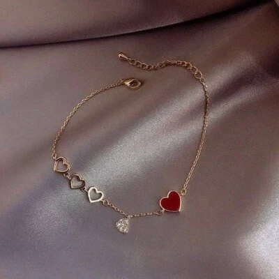 14K Yellow Gold With Red Heart Enamel & Natural Real Diamond Women's Bracelet - Image 1 of 3