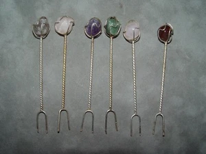 Antique Silver Seafood Cocktail Olive Fork Skewer With Gem Stone Top 2 Prong  - Picture 1 of 1
