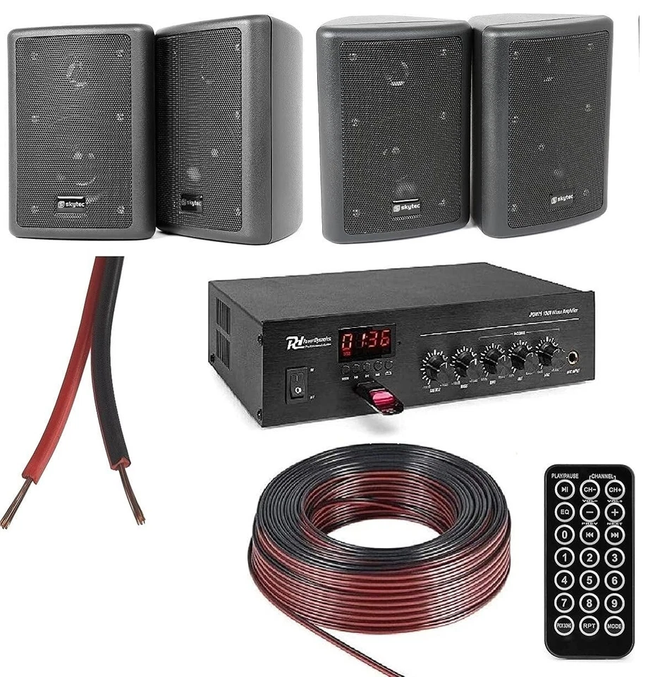 KIT AUDIO 100 WATT FILODIFFUSIONE BLUETOOTH+USB+RADIO FM+TELEC.+ 4 CASSE  NERE - Immagine 1 di 4
