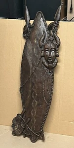 Vintage African Tribal Wood Shield Face Mask w/Horns Bells Carved Art Relief 48" - Picture 1 of 7