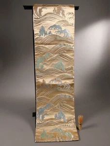 Traditional Japanese Silk Kimono Belt Fukuro Obi Embroidered Silver Wave Patten - Picture 1 of 19