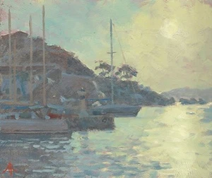 PINTURA DE BARCO PUERTO ORIGINAL MICHAEL RICHARDSON ""Hazy Evening, Hydra - Imagen 1 de 1