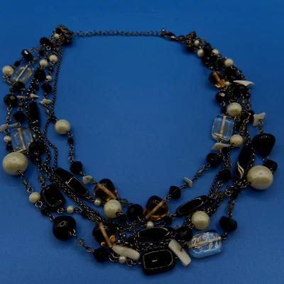 Lia Sophia NECKLACE 6 strands Beads black clear brown MOP chips Faux pearls 22" - Image 1 of 4