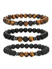 3pcs Set Men's Black Brown Beaded Stone Wristband Bangle Bracelet Cuff Gift